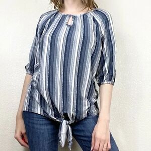 Rain Chambray Blue Striped Knot Hem Half Sleeve Blouse